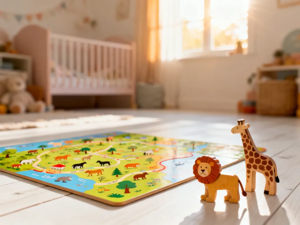Kolorowa drewniana mapa zoo z figurkami zwierząt na podłodze, zachęcająca dziecko do zabawy i odkrywania świata przyrody.