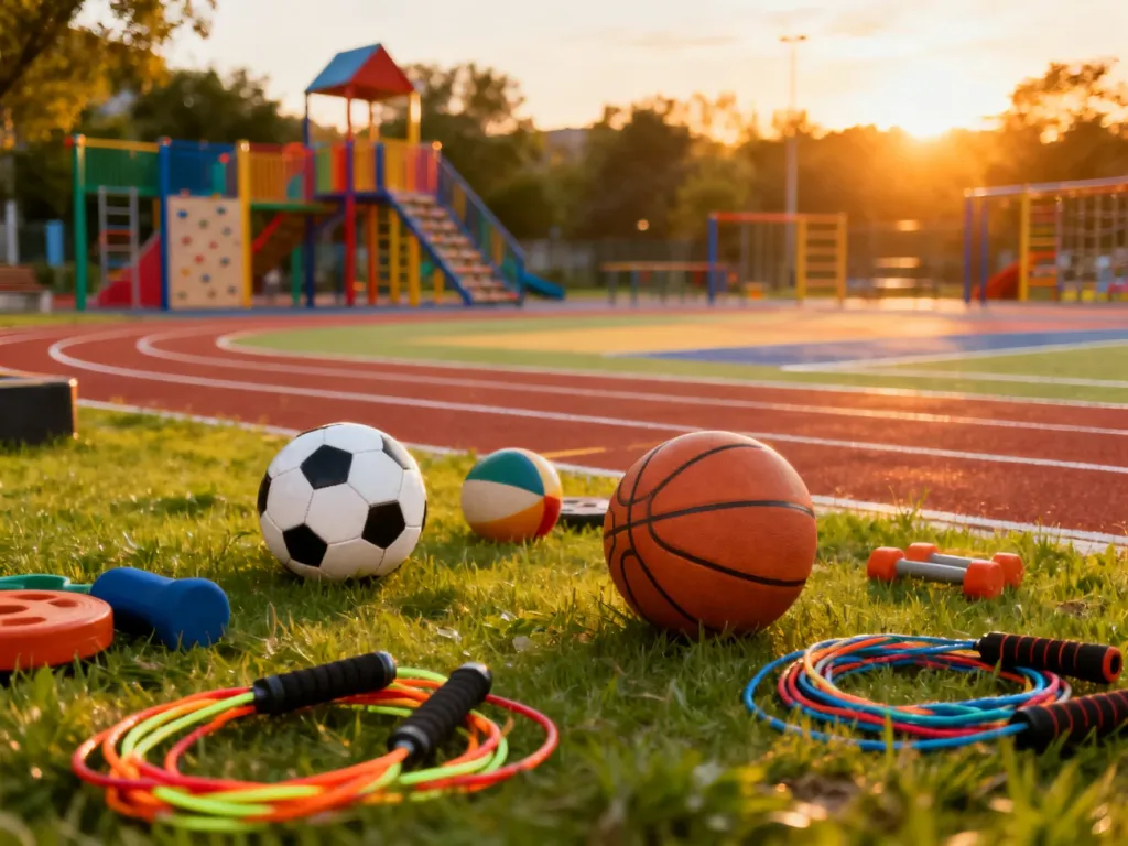 Kolorowy plac zabaw z różnorodnym sprzętem sportowym o zachodzie słońca, zachęcający dzieci do aktywnego ruchu.