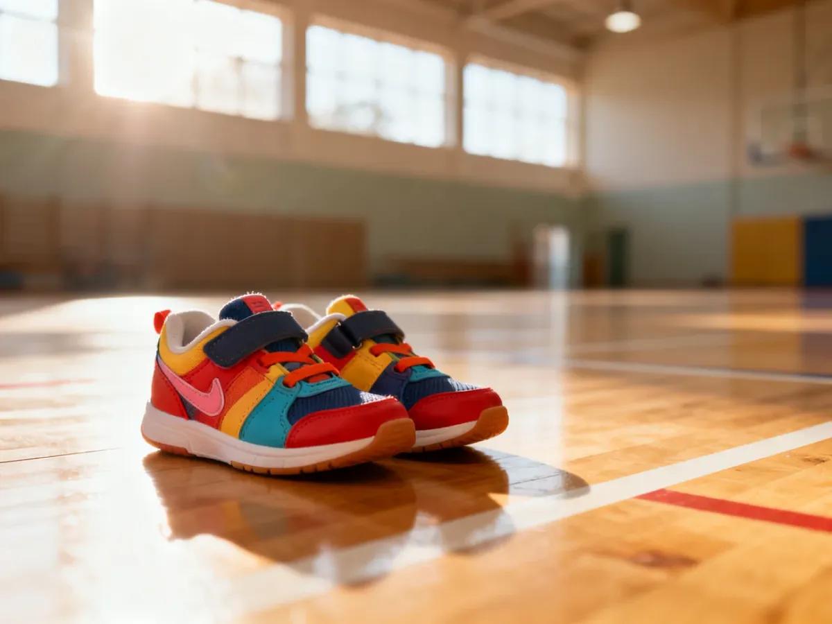 Kolorowe buty sportowe przygotowane na drewnianej podłodze sali gimnastycznej, gotowe do rozpoczęcia zajęć.