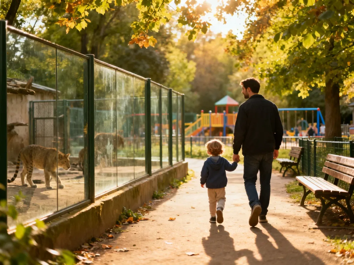 Rodzic z dzieckiem spacerujący po tradycyjnym zoo