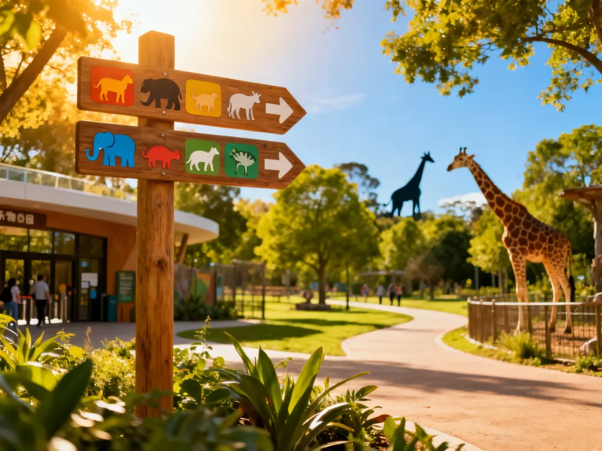 Kolorowy drogowskaz przy wejściu do nowoczesnego zoo, zachęcający rodziny do zwiedzania wybiegów ze zwierzętami.