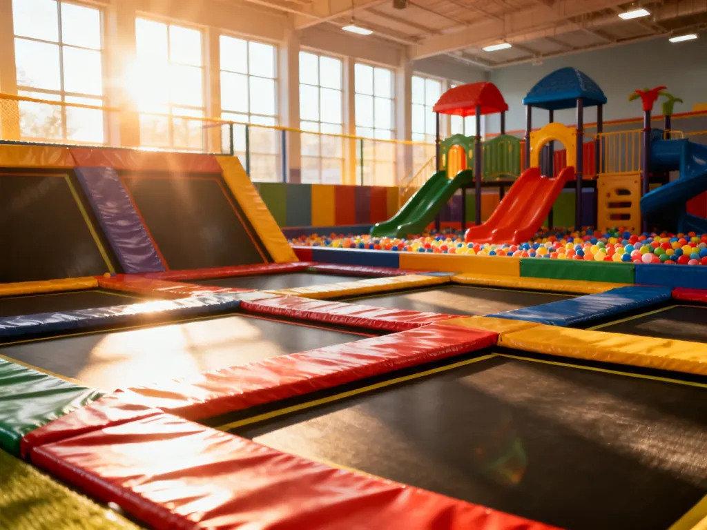 Kolorowy park trampolin z widocznym w tle placem zabaw, zachęcający do aktywnej rozrywki dla dzieci.