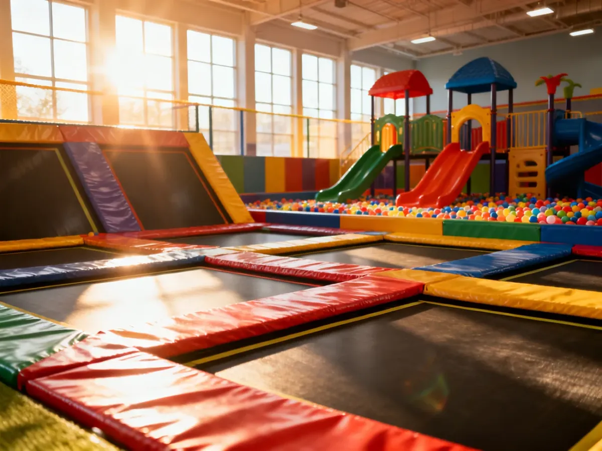 Kolorowy park trampolin z widocznym w tle placem zabaw, zachęcający do aktywnej rozrywki dla dzieci.