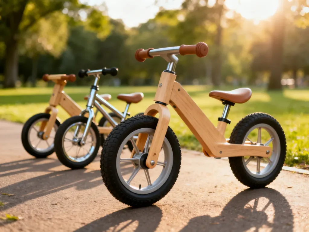 Trzy różne rowerki biegowe ustawione na parkowej ścieżce, prezentujące modele drewniane i metalowe.