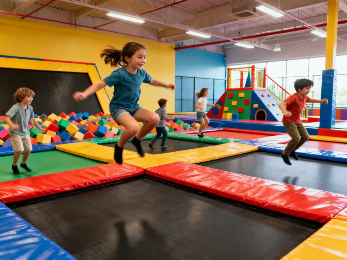 Dzieci bawiące się na trampolinach i torze przeszkód w krytym parku trampolin